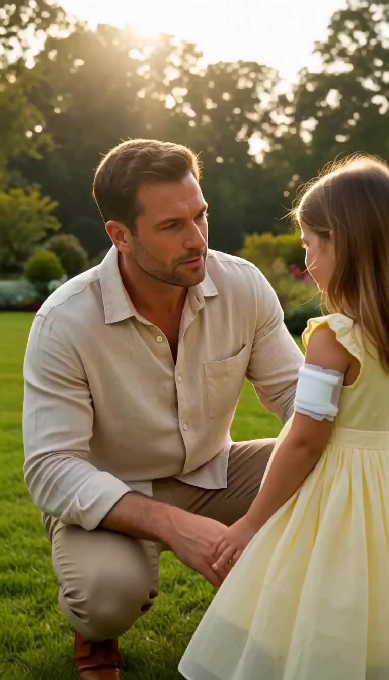 Father kneeling to comfort bandaged girl in garden