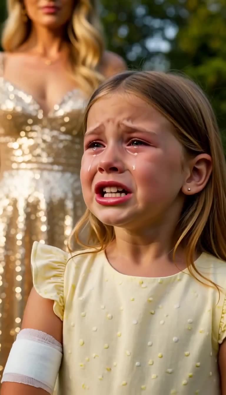 Crying little girl with arm bandage and mother behind