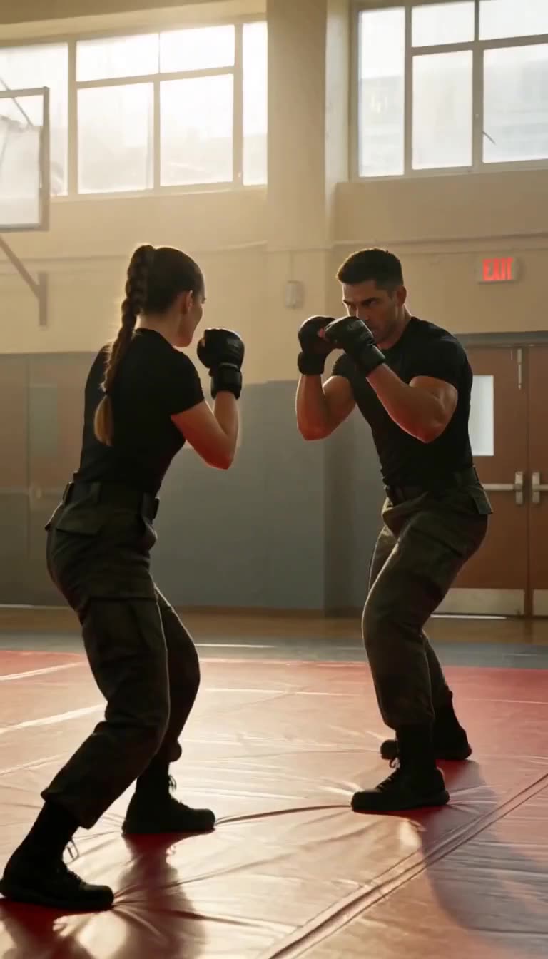 Male and female soldiers squaring off on the mat