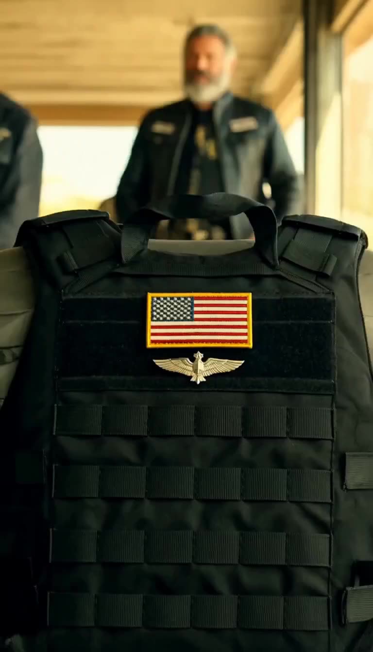 Close-up of tactical vest with US flag and silver wings patch