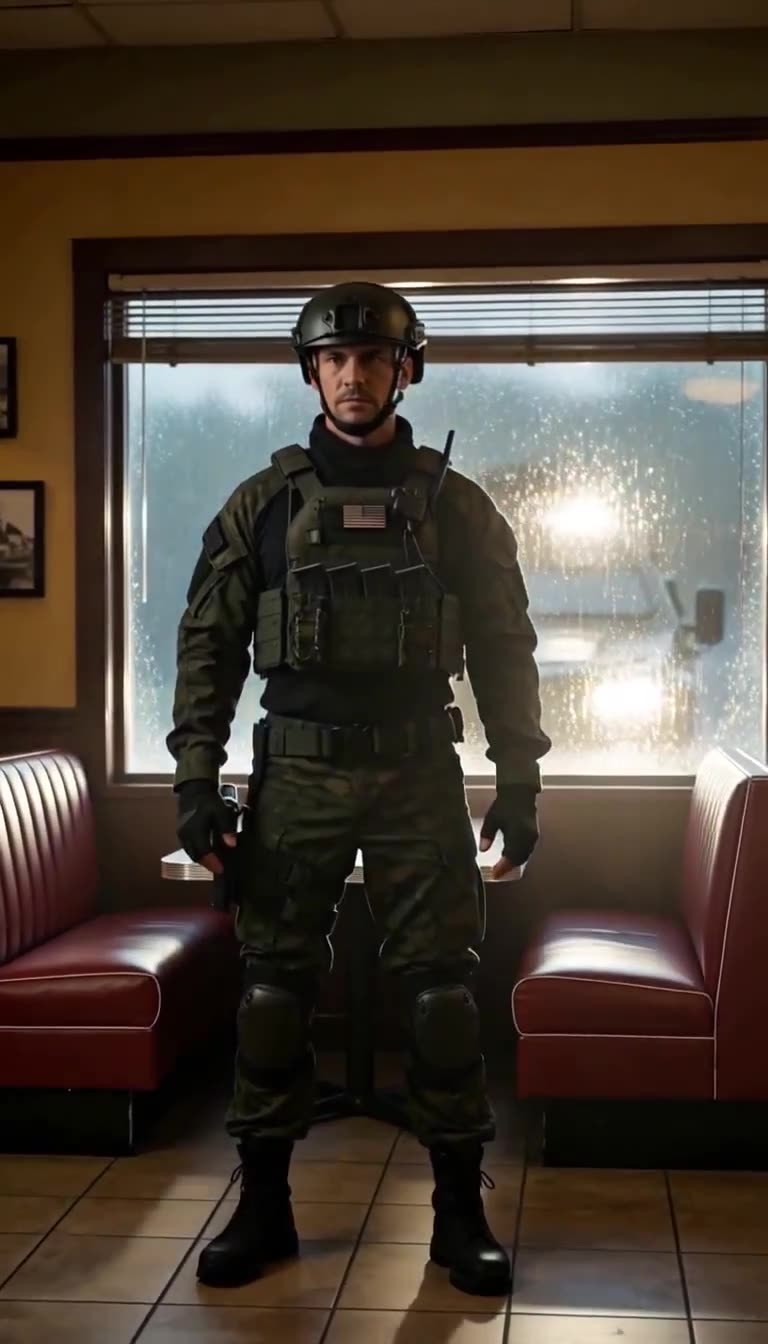 Fully geared soldier stands firm as headlights glow through rain