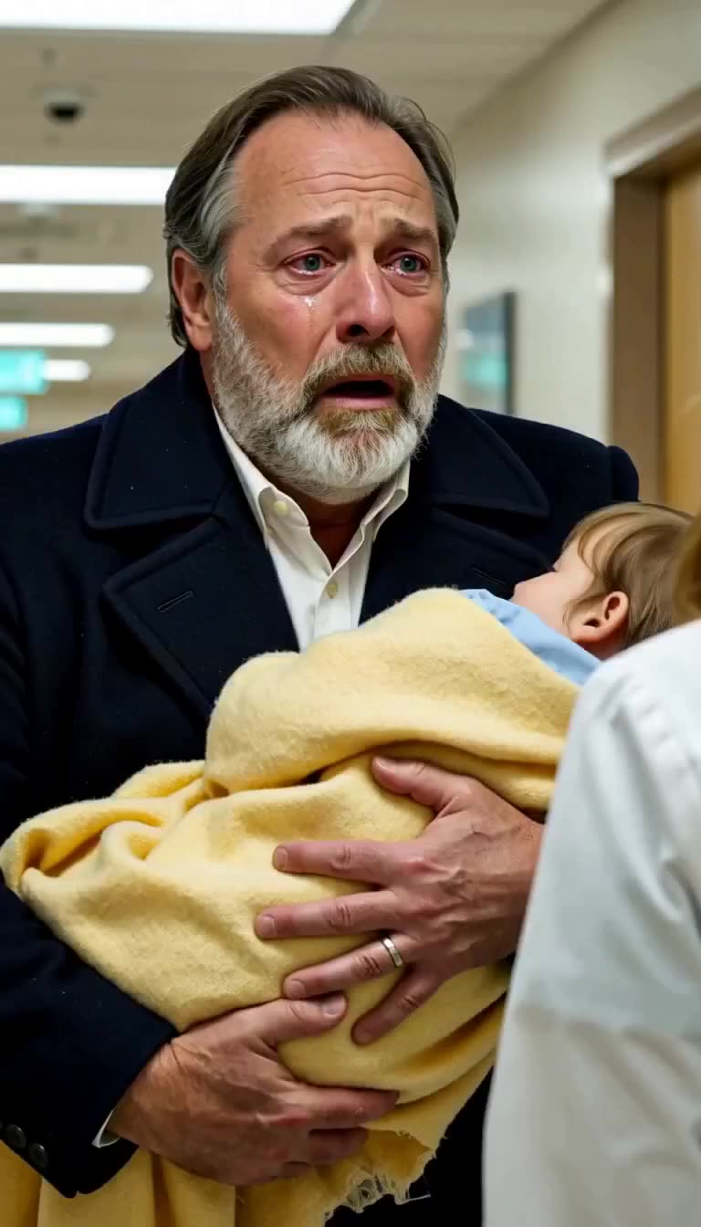 Tearful father clutching baby wrapped in yellow blanket