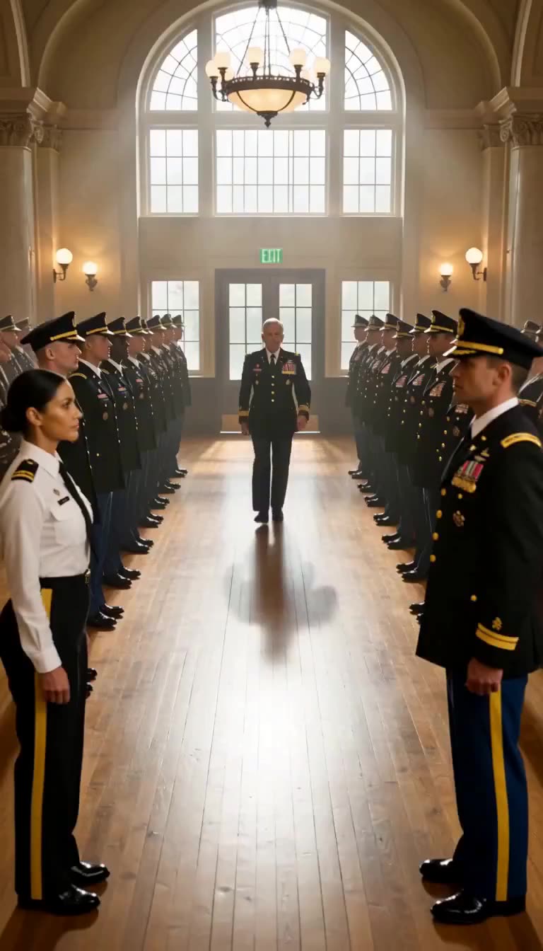 Silver-haired general walks down ceremonial aisle between standing officers