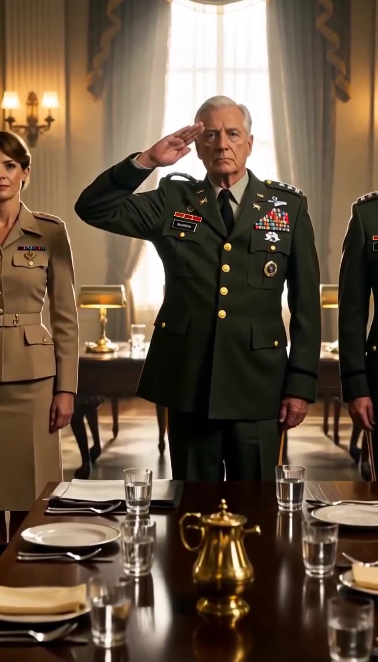 Decorated general delivers crisp salute in formal military dining room