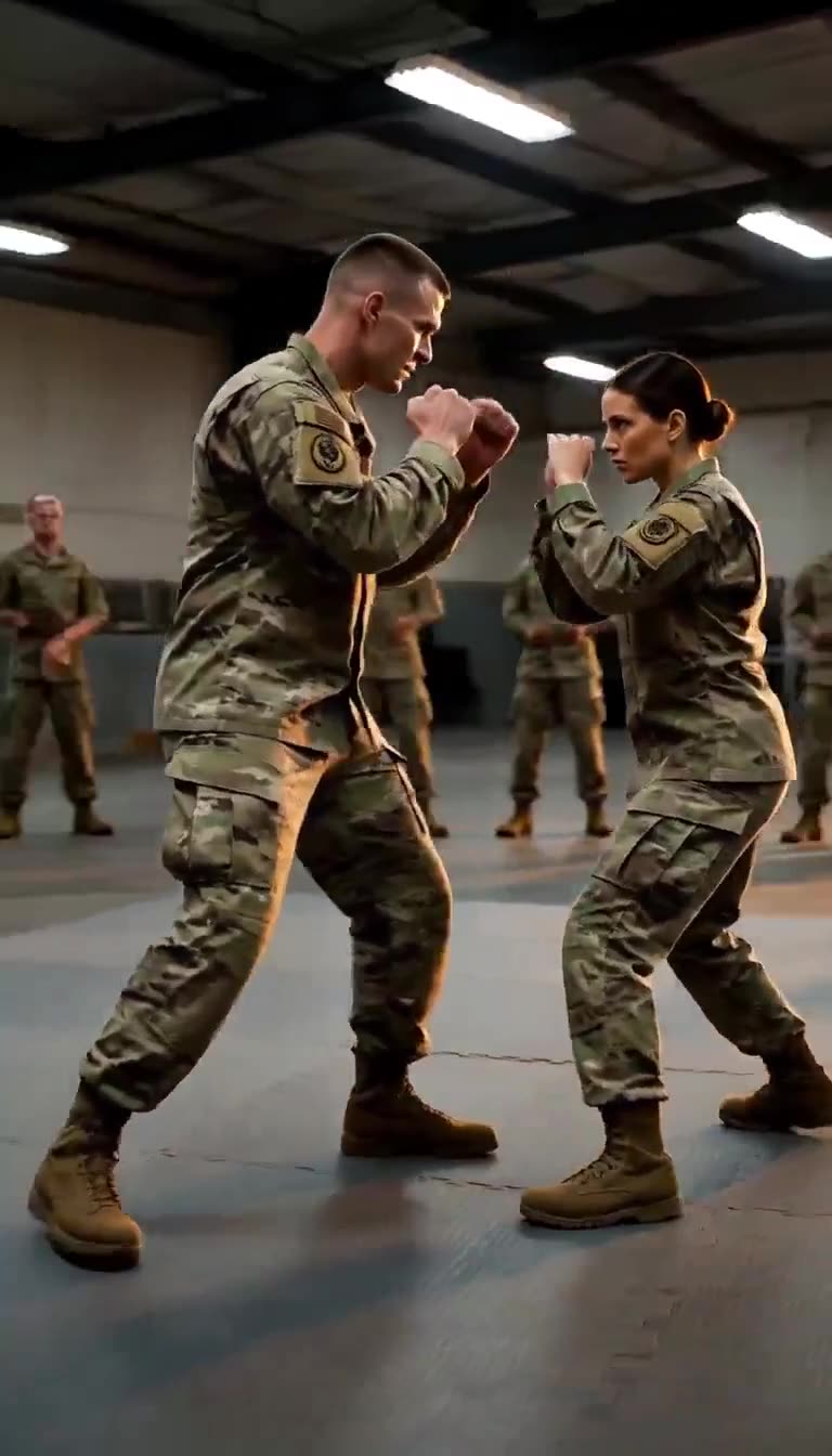 Both soldiers circle face to face with fists raised