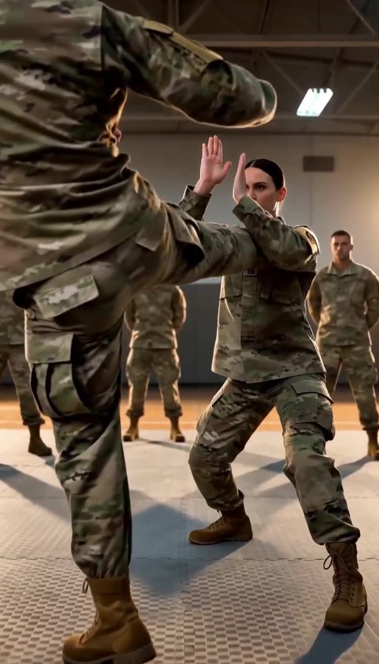 Female soldier blocks incoming high kick with both hands