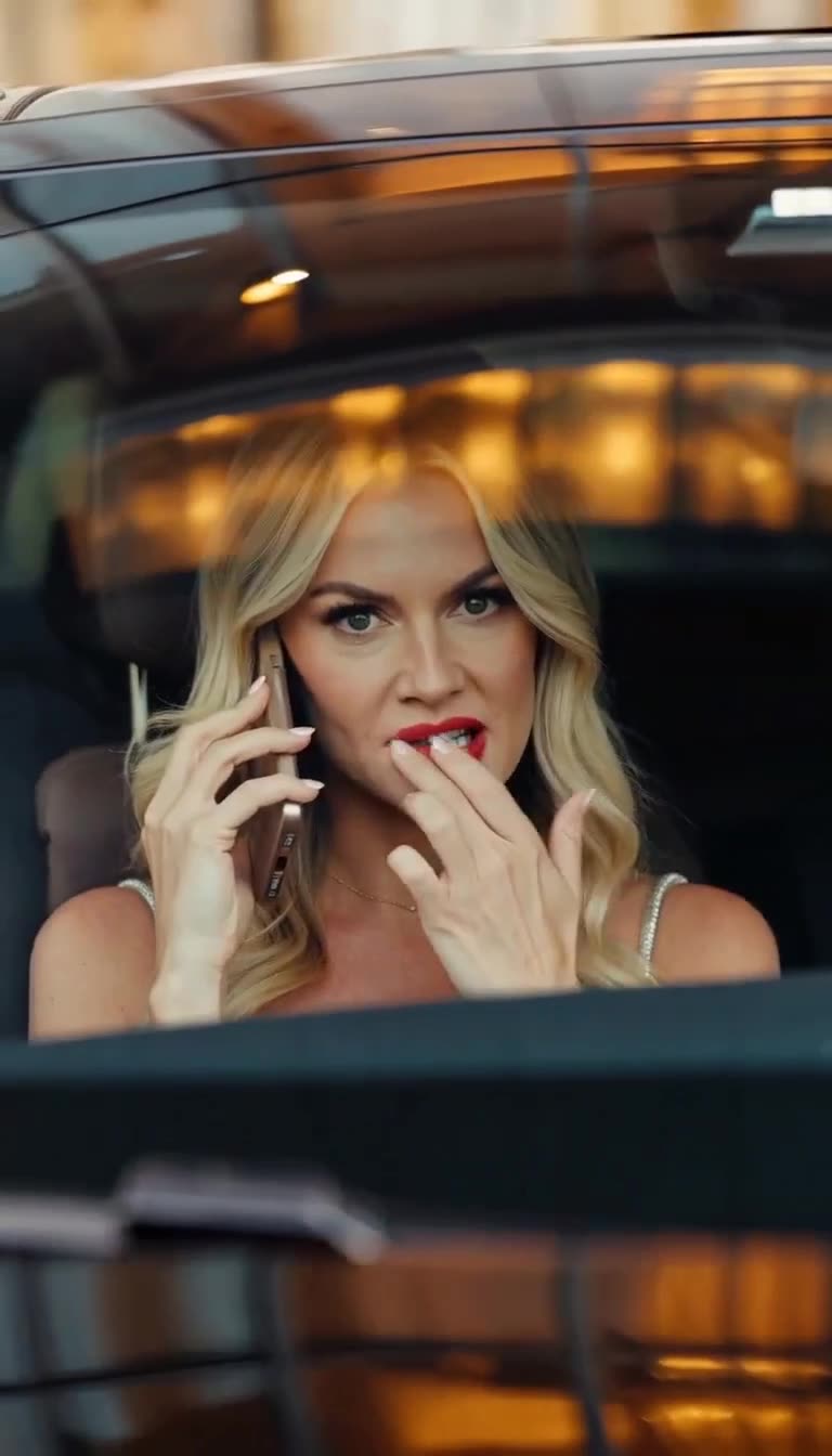 Bruised blonde woman making urgent phone call in car