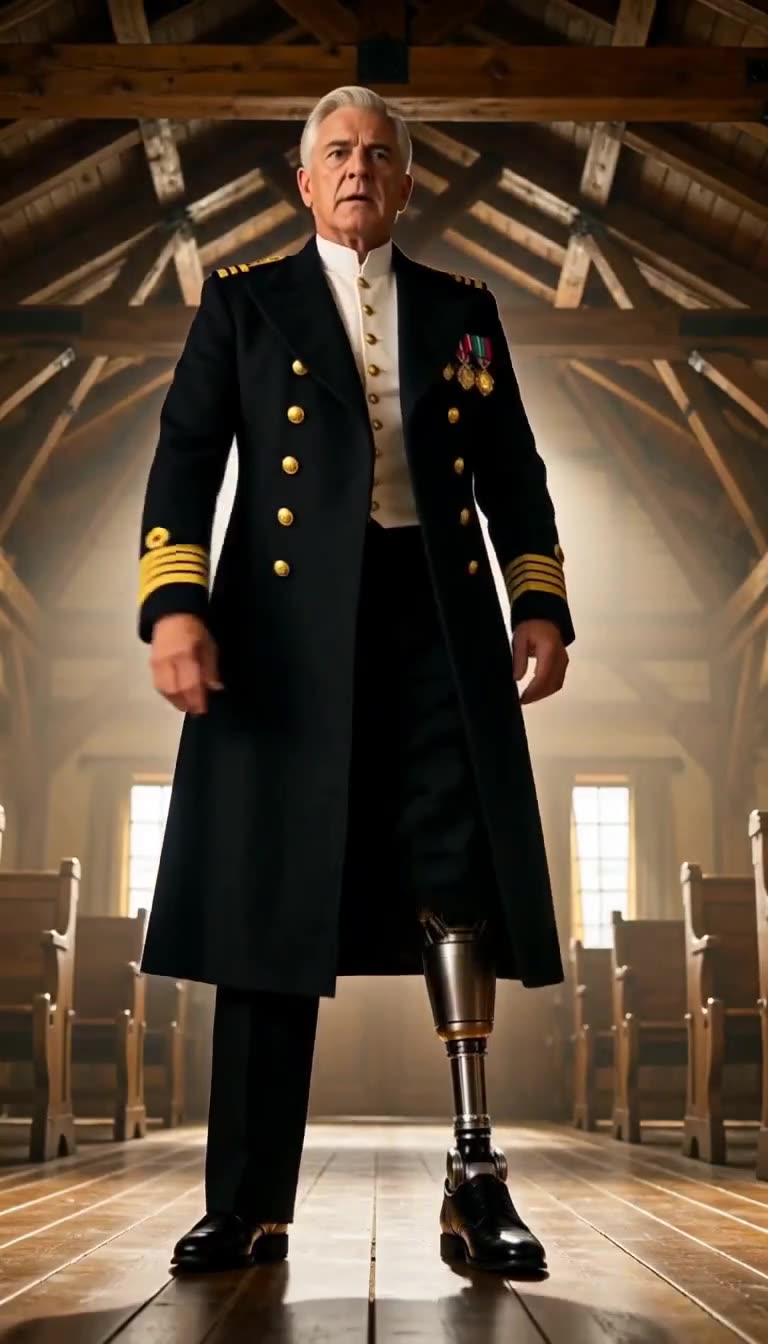 Three-star general revealing his steel prosthetic leg