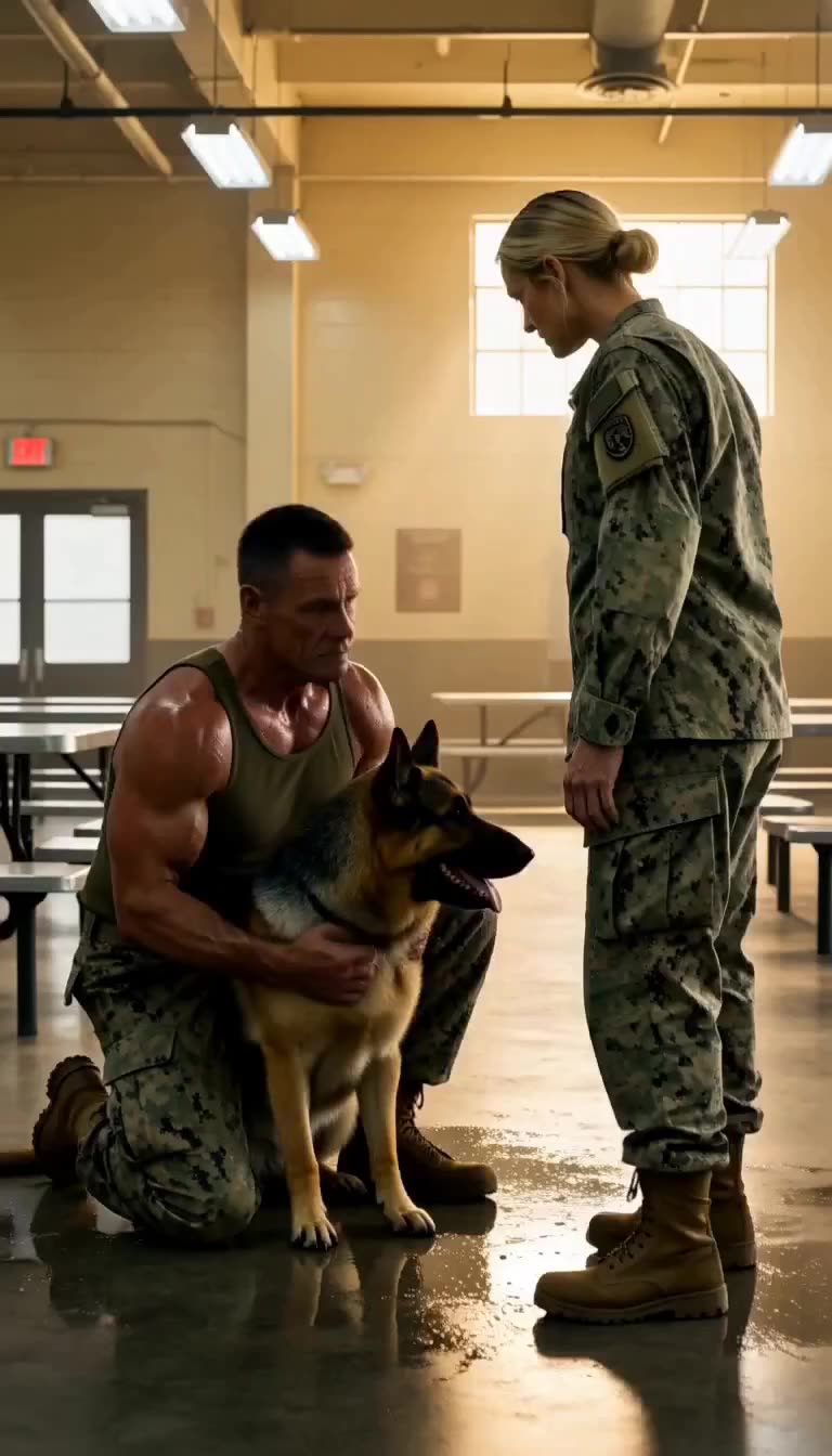 Veteran kneels protecting loyal dog before female commander