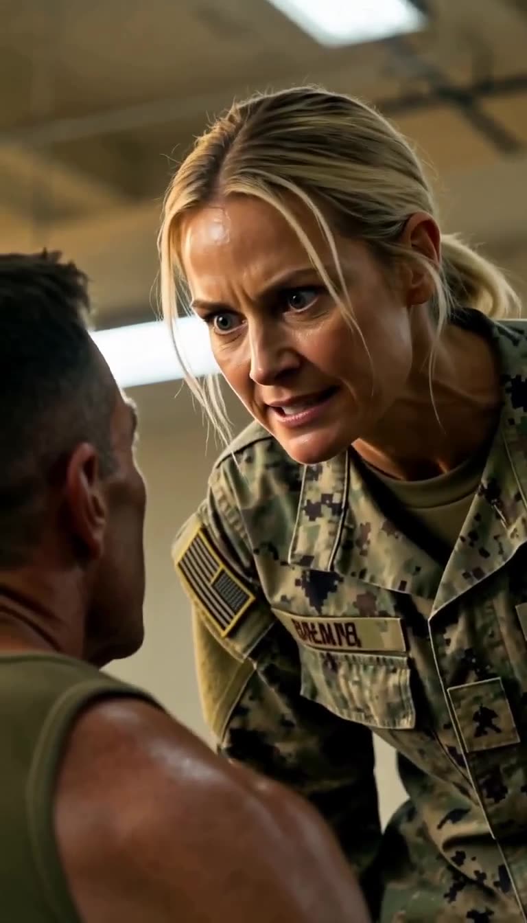 Female officer leans in for intense face-to-face showdown