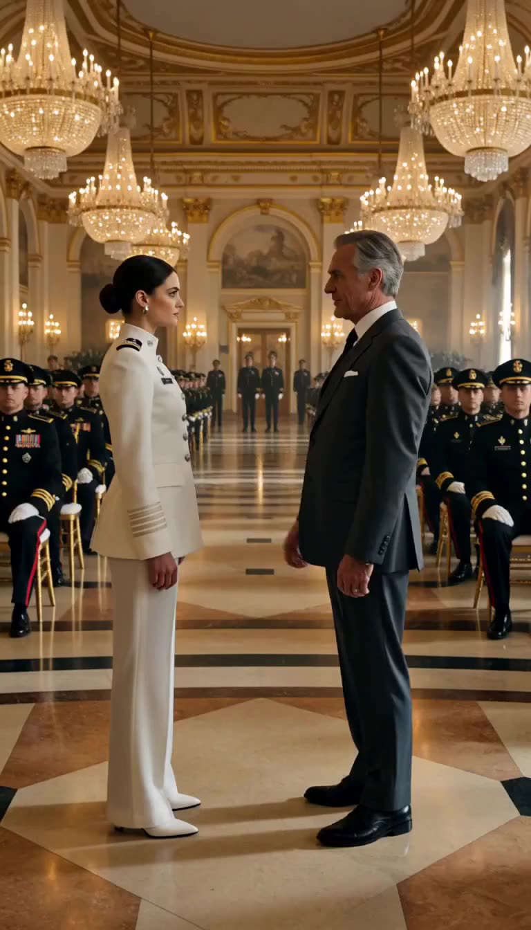Admiral in white uniform facing older man in grand hall