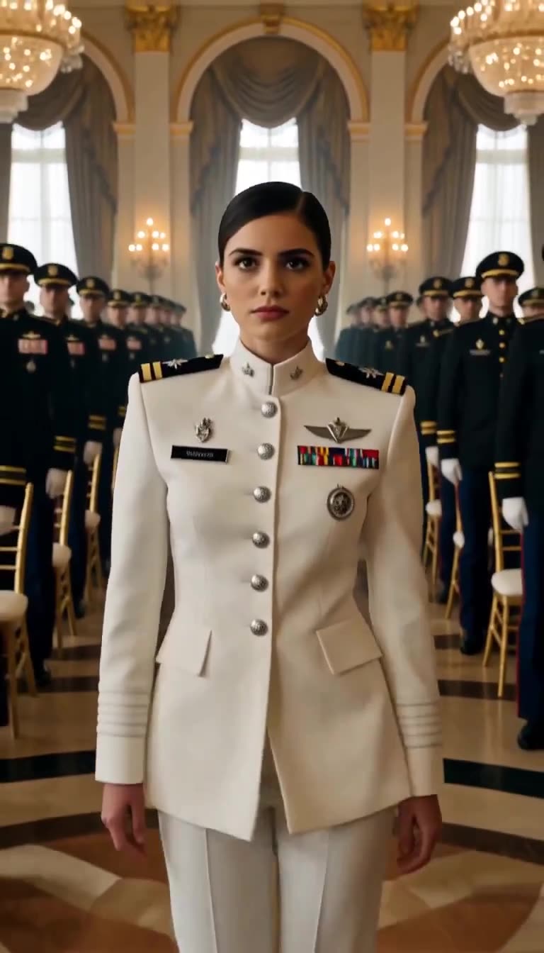 Female admiral standing proud before rows of officers