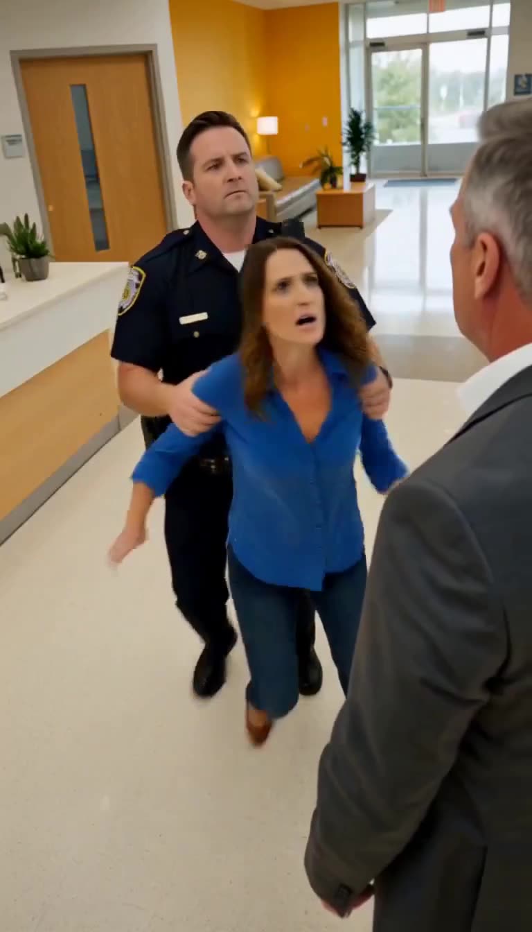 Shocked woman in blue held by police facing angry man in suit
