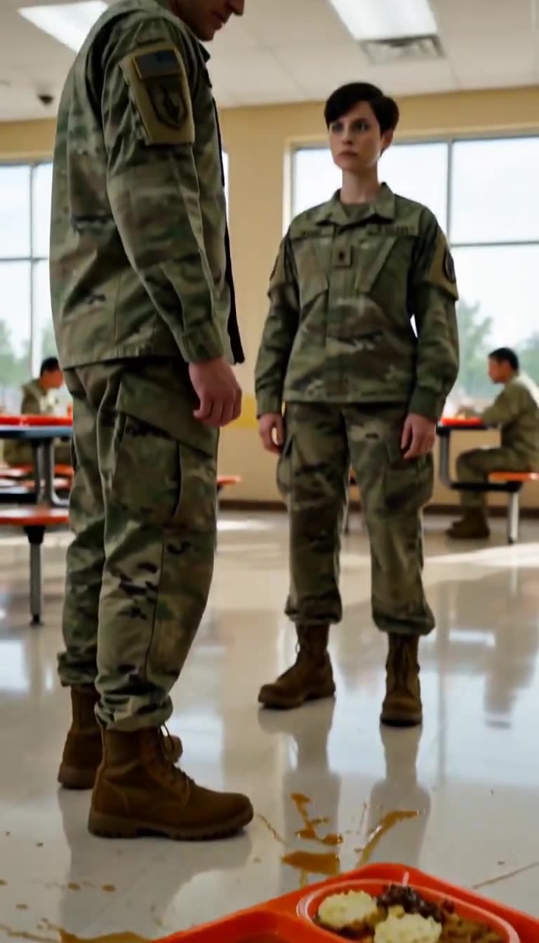 Spilled food tray on floor as officer stares down soldier