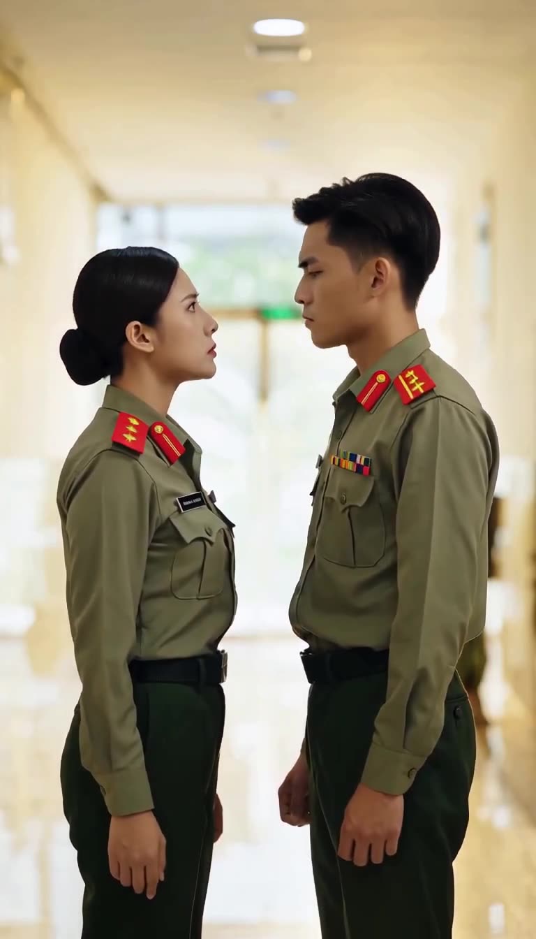 Soldier leaning in defiantly as officer holds her ground calmly