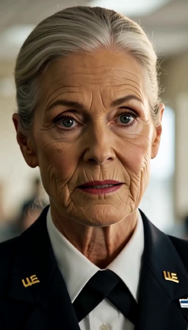 Calm older female officer staring sternly in mess hall