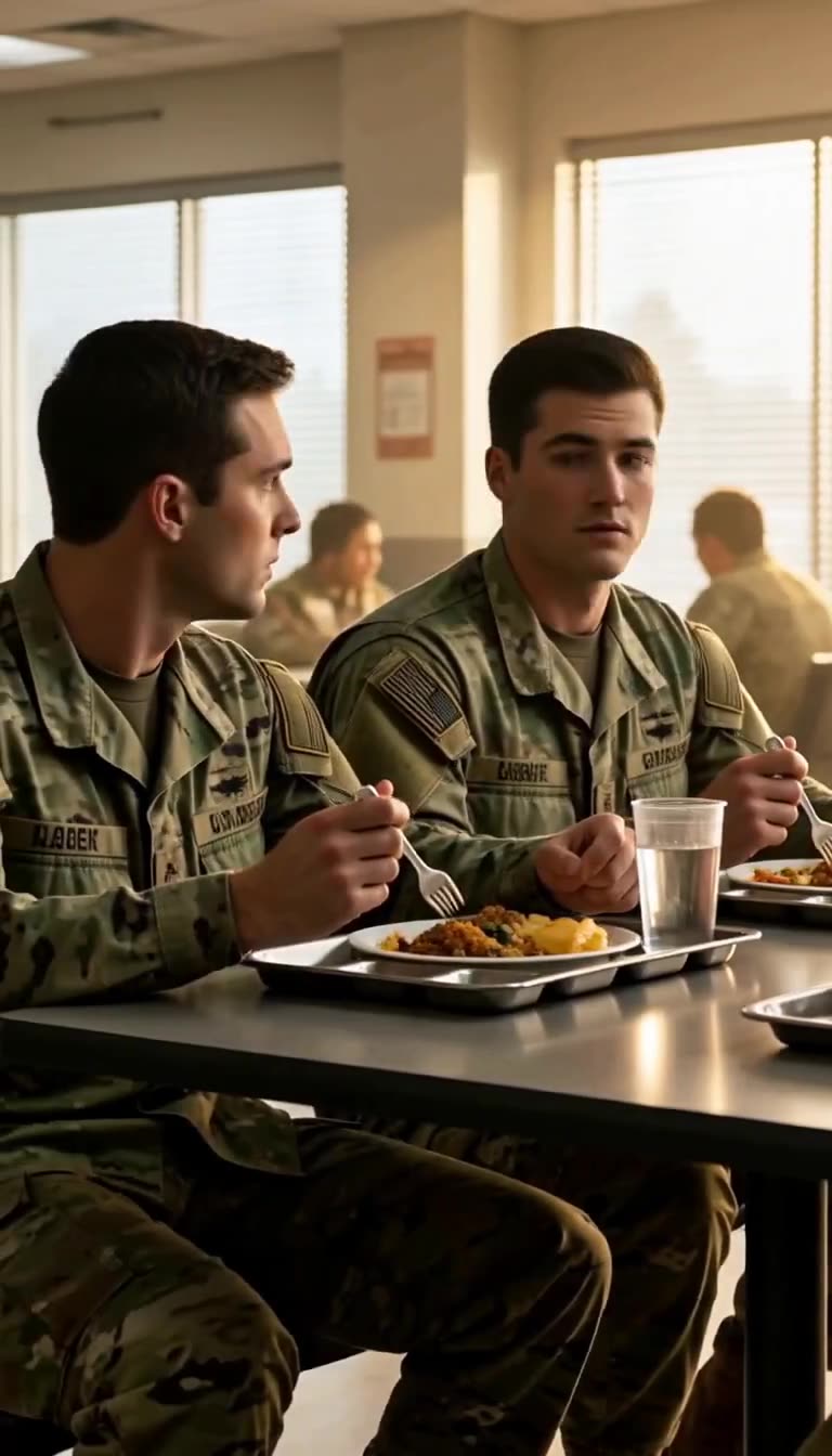Two young soldiers pausing with forks to watch confrontation