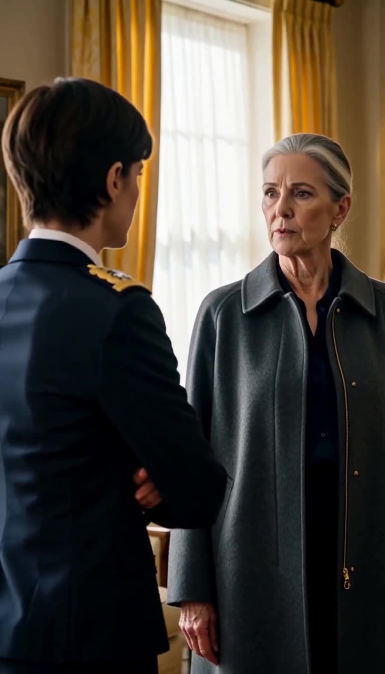 Elder woman in gray coat answering with steady defiant stare