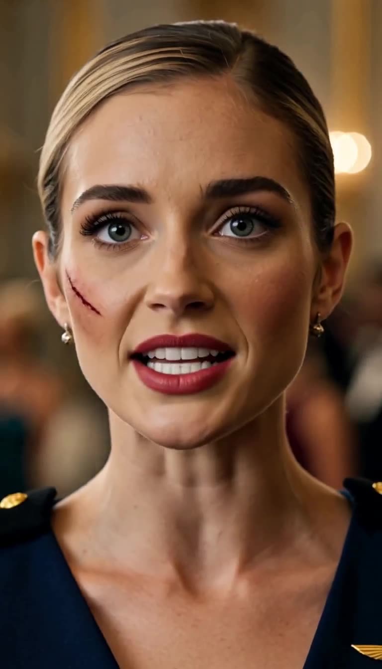 Commander Olivia Hayes answers coldly, scar visible and gaze steady