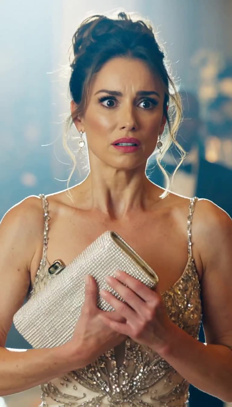 Frightened woman in gold gown clutching jeweled purse