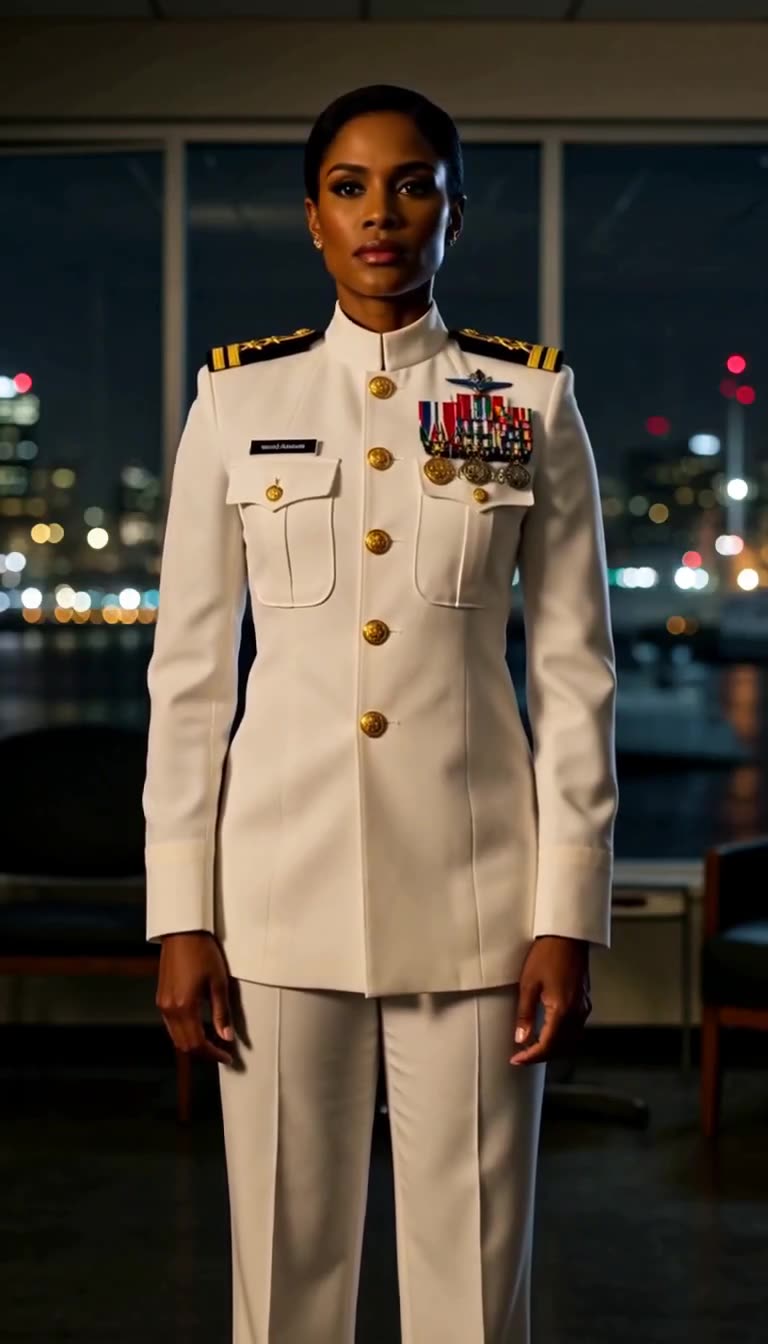 Commander Olivia Hayes standing proud in white uniform