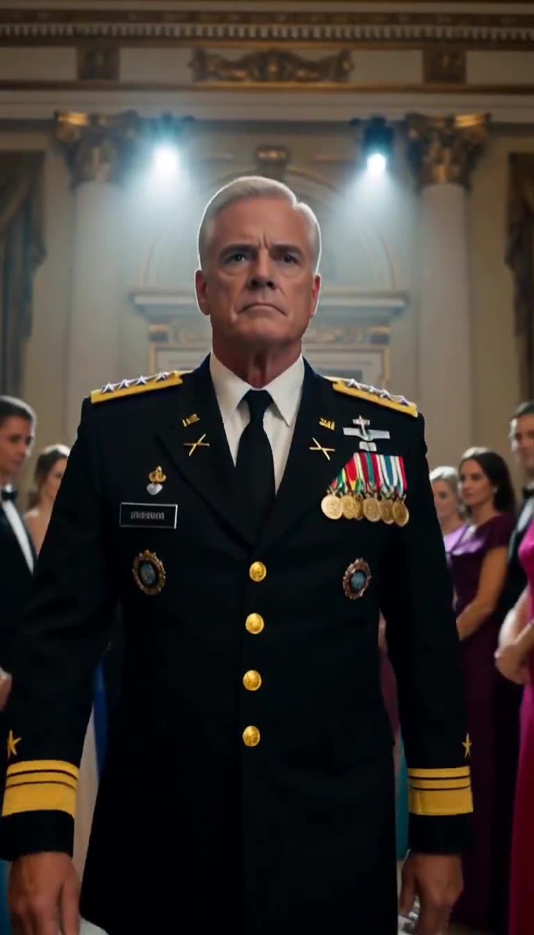 Close-up of General Carter in decorated uniform searching the hall