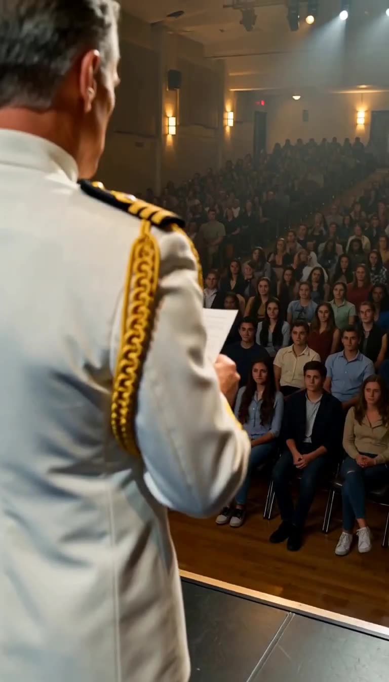 Over-shoulder view of admiral facing packed auditorium