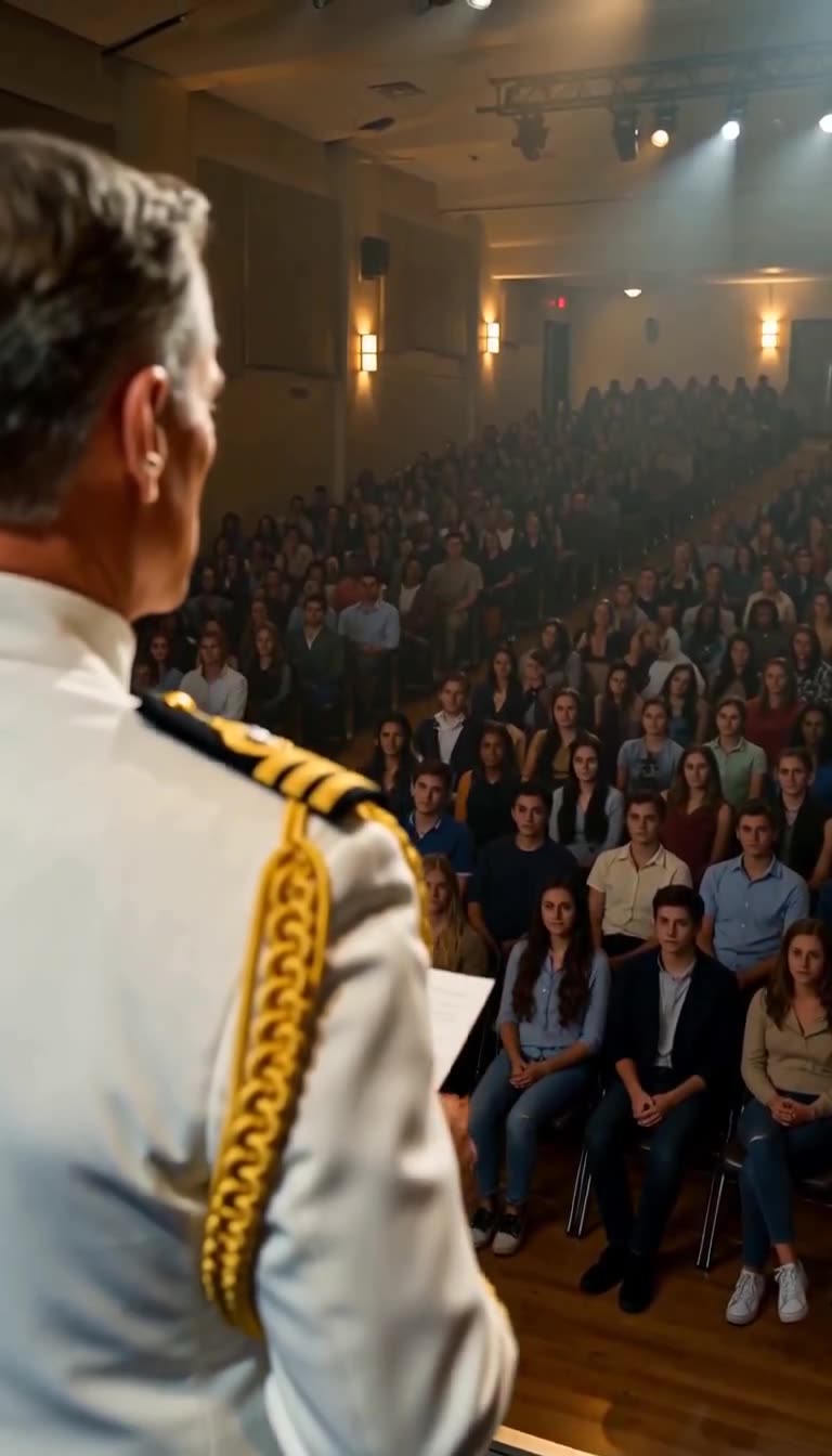 Admiral staring down silent student crowd from stage