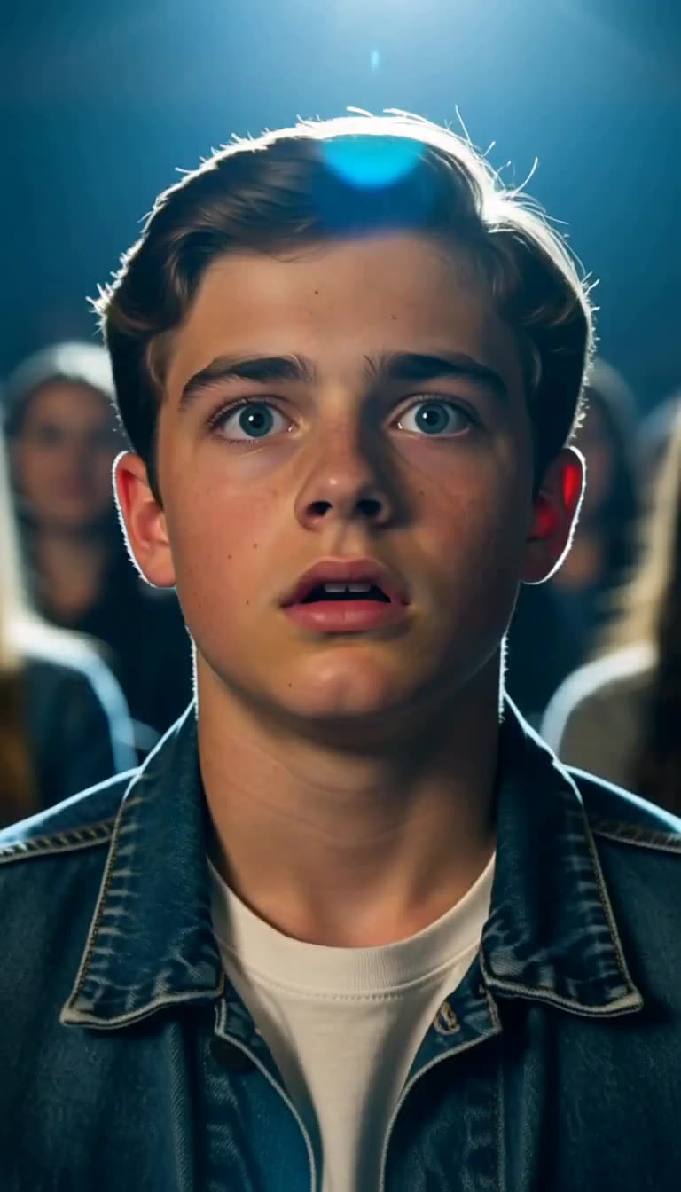 Close-up of Leo staring upward in shock under bright spotlight
