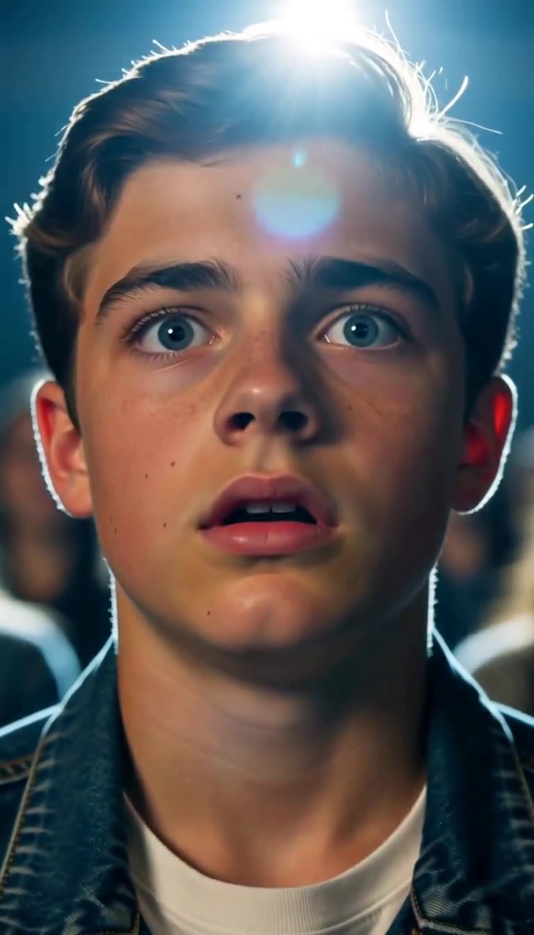 Extreme close-up of stunned Leo as stage light flares above him
