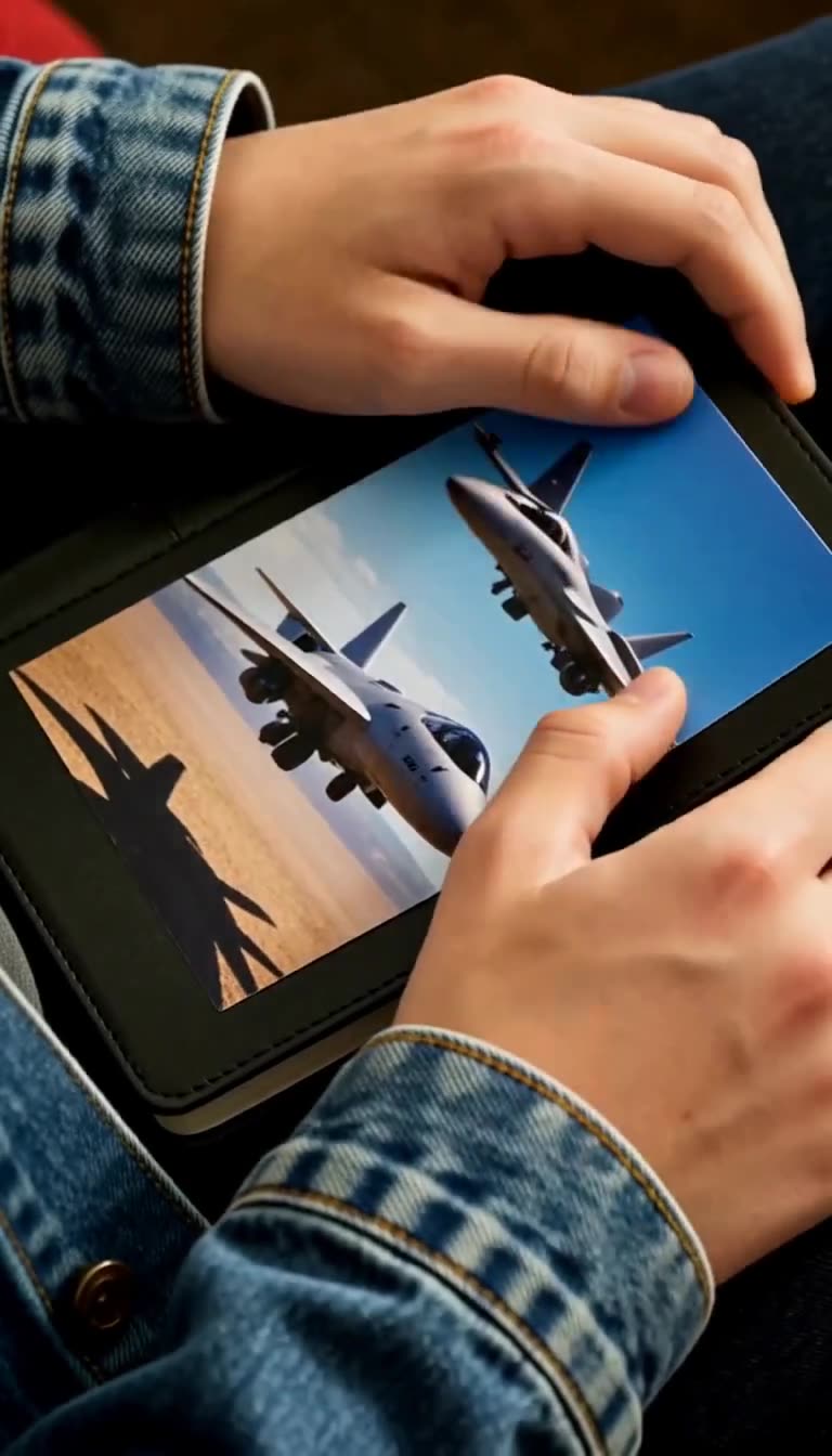 Leo's hands in denim jacket gripping notebook with fighter jet photo