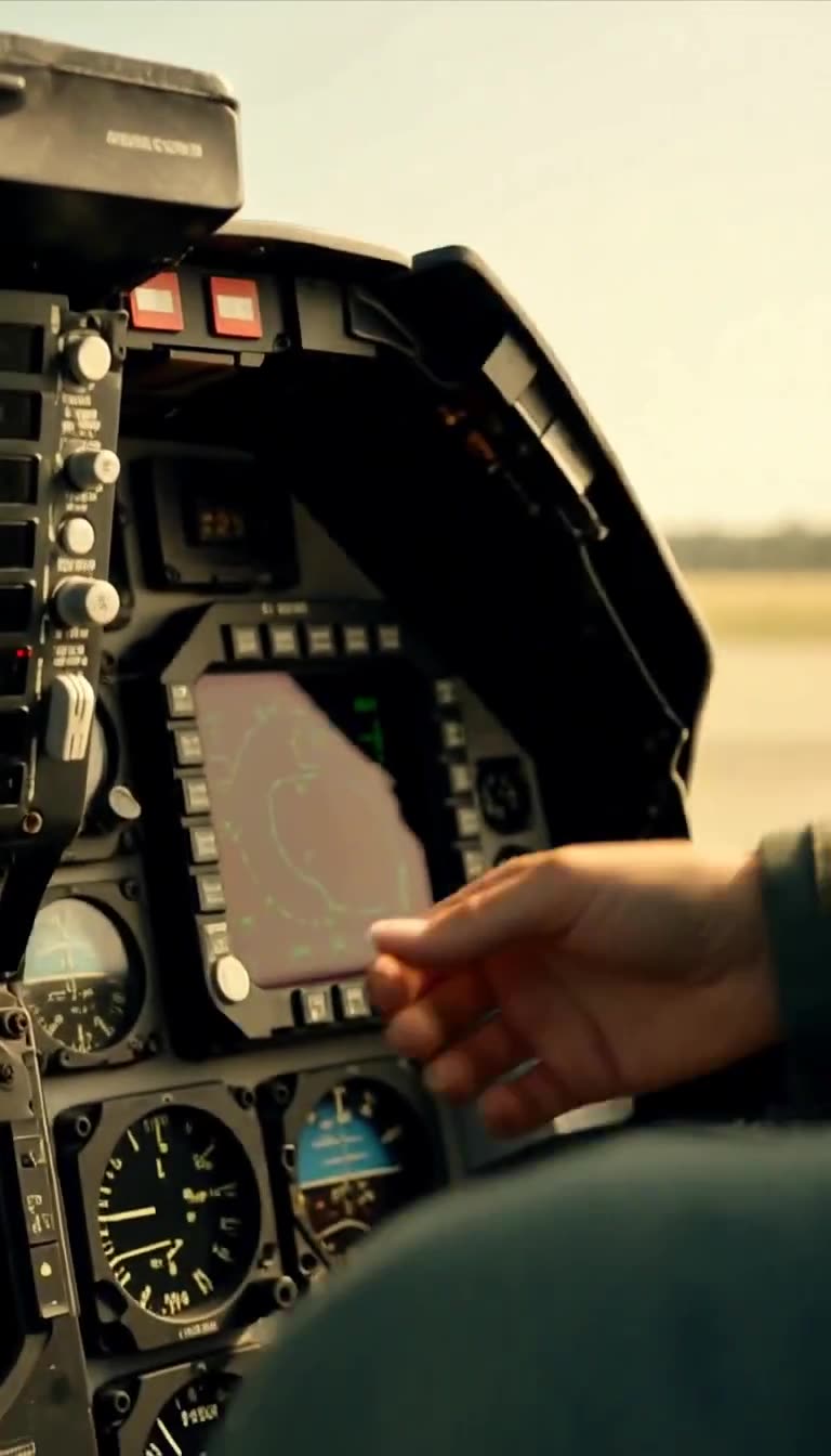 Hand flips switches inside F-16 cockpit