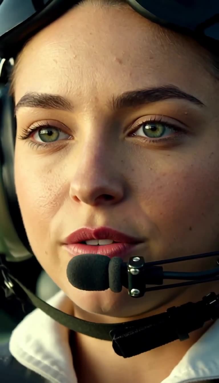 Renee Carter in headset speaking calmly into cockpit mic