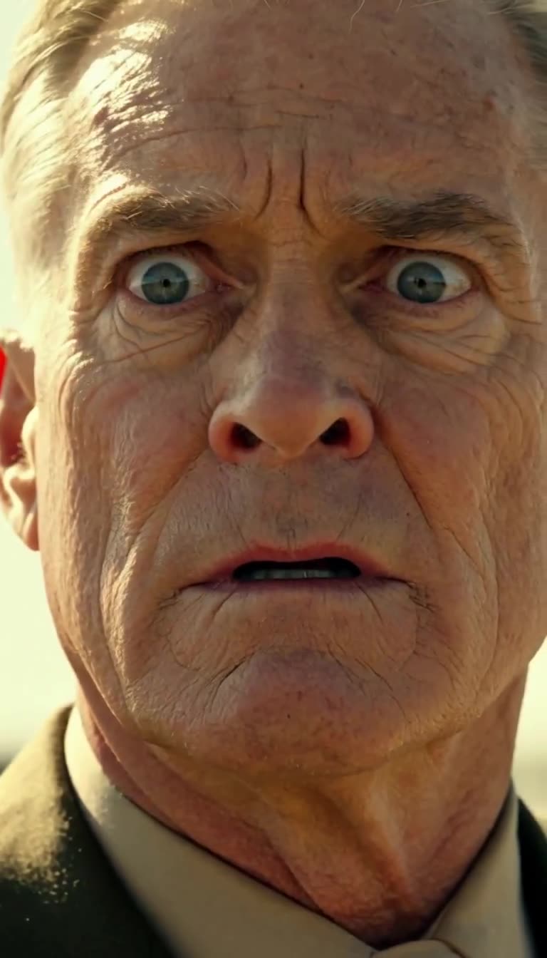 Close-up of Henshaw's terrified face after radio reveal