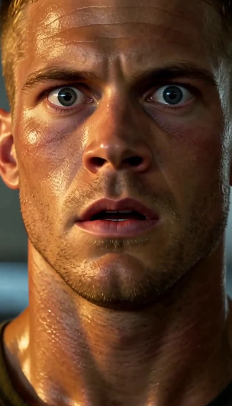 Extreme close-up of shocked Rocker realizing truth