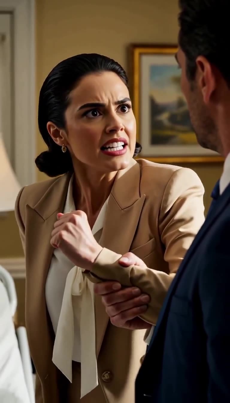 Victoria glaring at Ethan while he holds her wrist