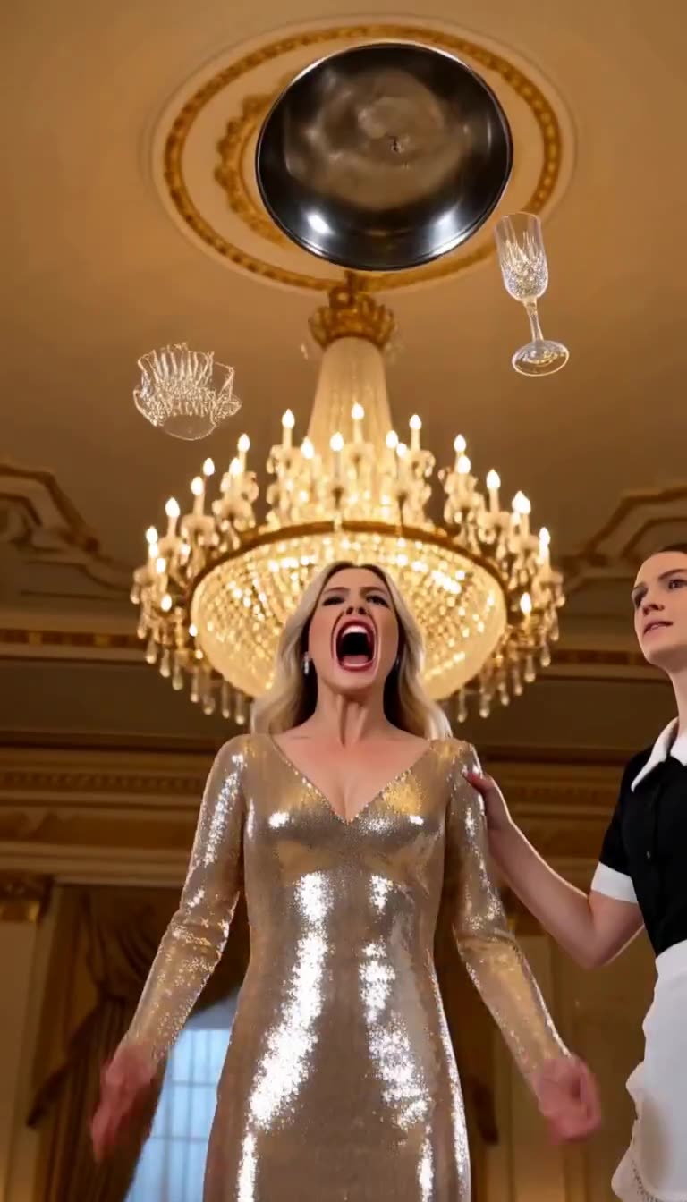 Victoria screaming as silver tray and champagne glass fly midair