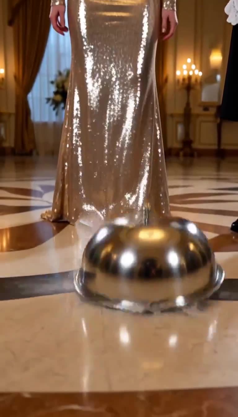 Silver serving cloche crashed on marble at gold gown's hem