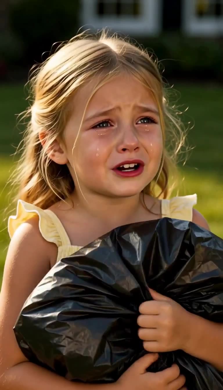 Crying little girl clutching black trash bag on lawn