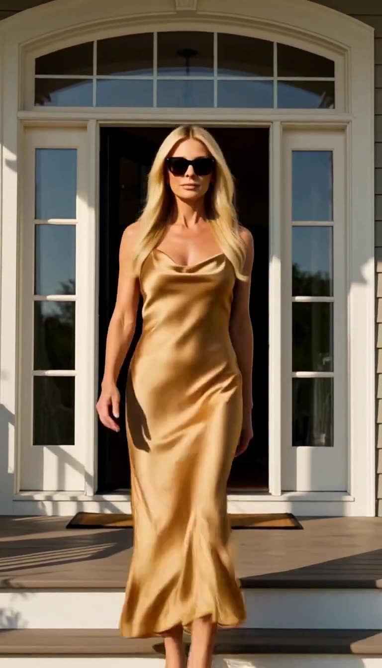 Cold blonde woman in gold silk dress descending mansion steps