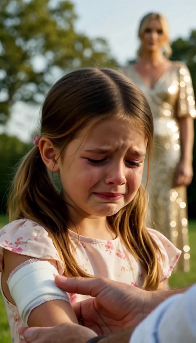 Crying little girl in floral dress with stepmother blurred behind