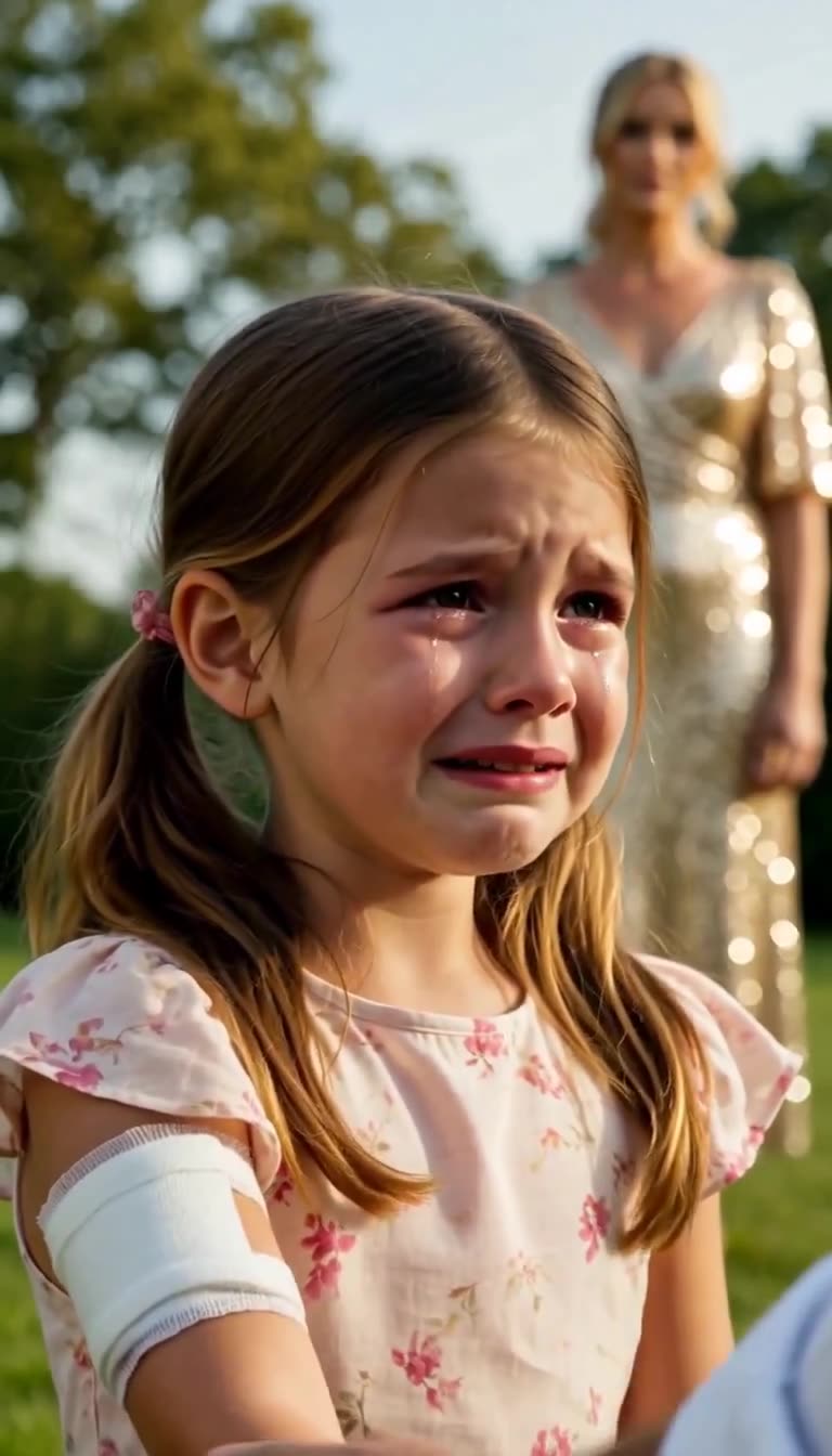 Tearful girl looking up as stepmother in gold gown watches