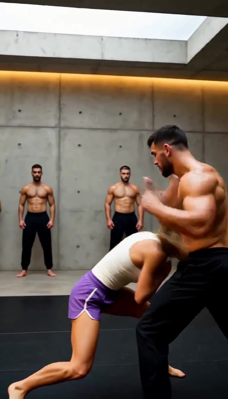 Elena ducks low under Marcus punch during intense sparring drill