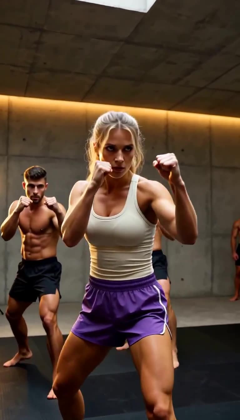 Elena raises fists in guard with Marcus circling behind her