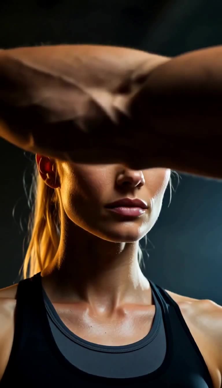 Muscular arm swings inches over Elena's steady face