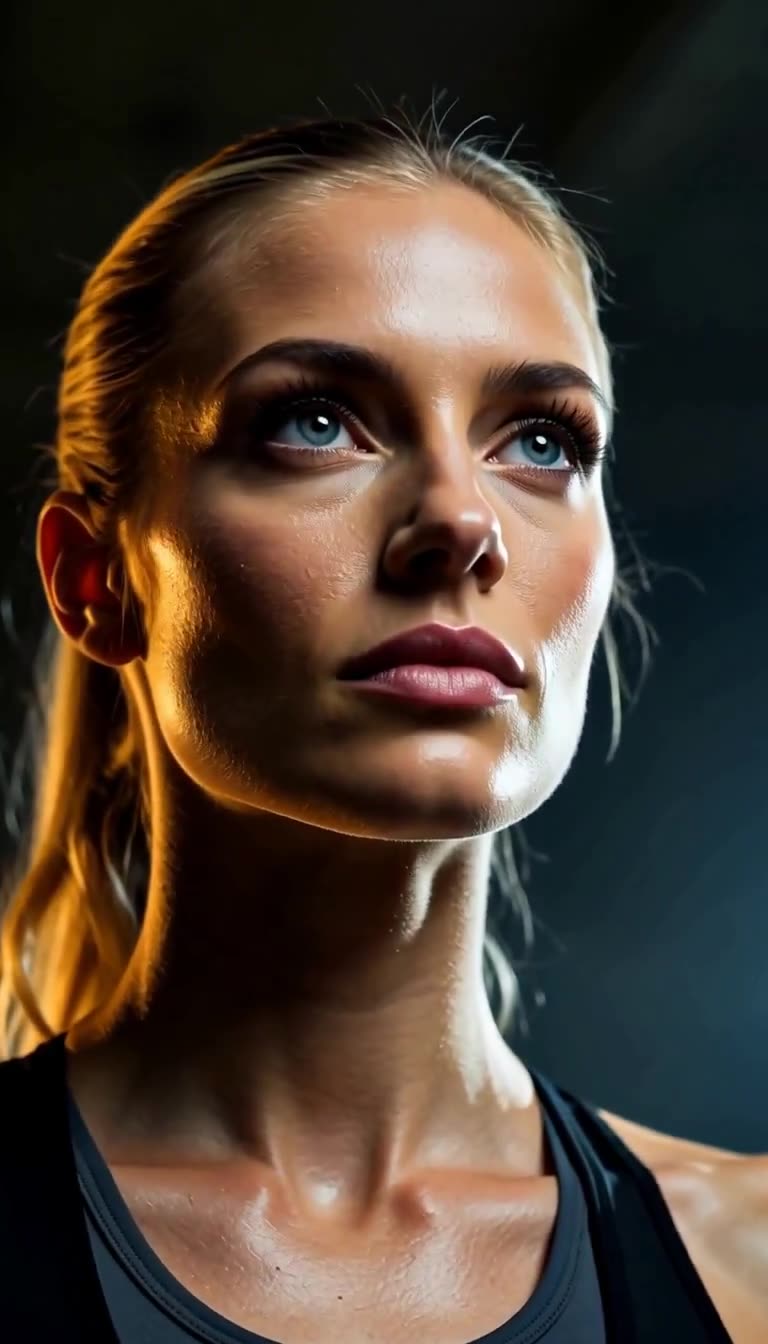Close-up of Elena's calm blue eyes looking upward