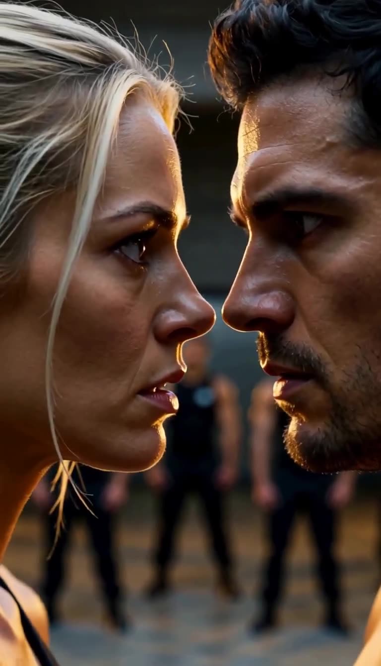 Extreme close-up nose-to-nose standoff between Elena and Damien