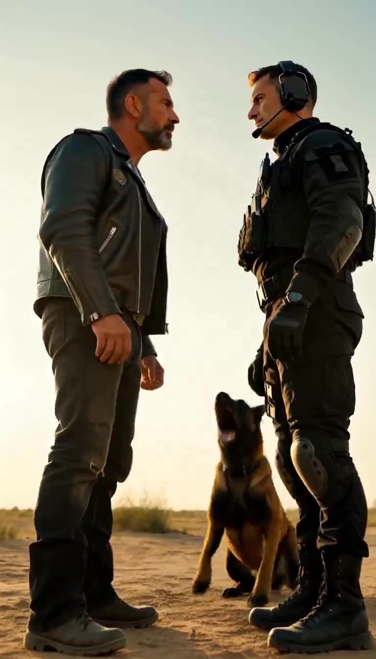 Military dog Rex barks warning while staring up at defiant biker