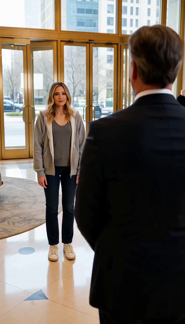 Casual young woman facing suited manager in golden lobby