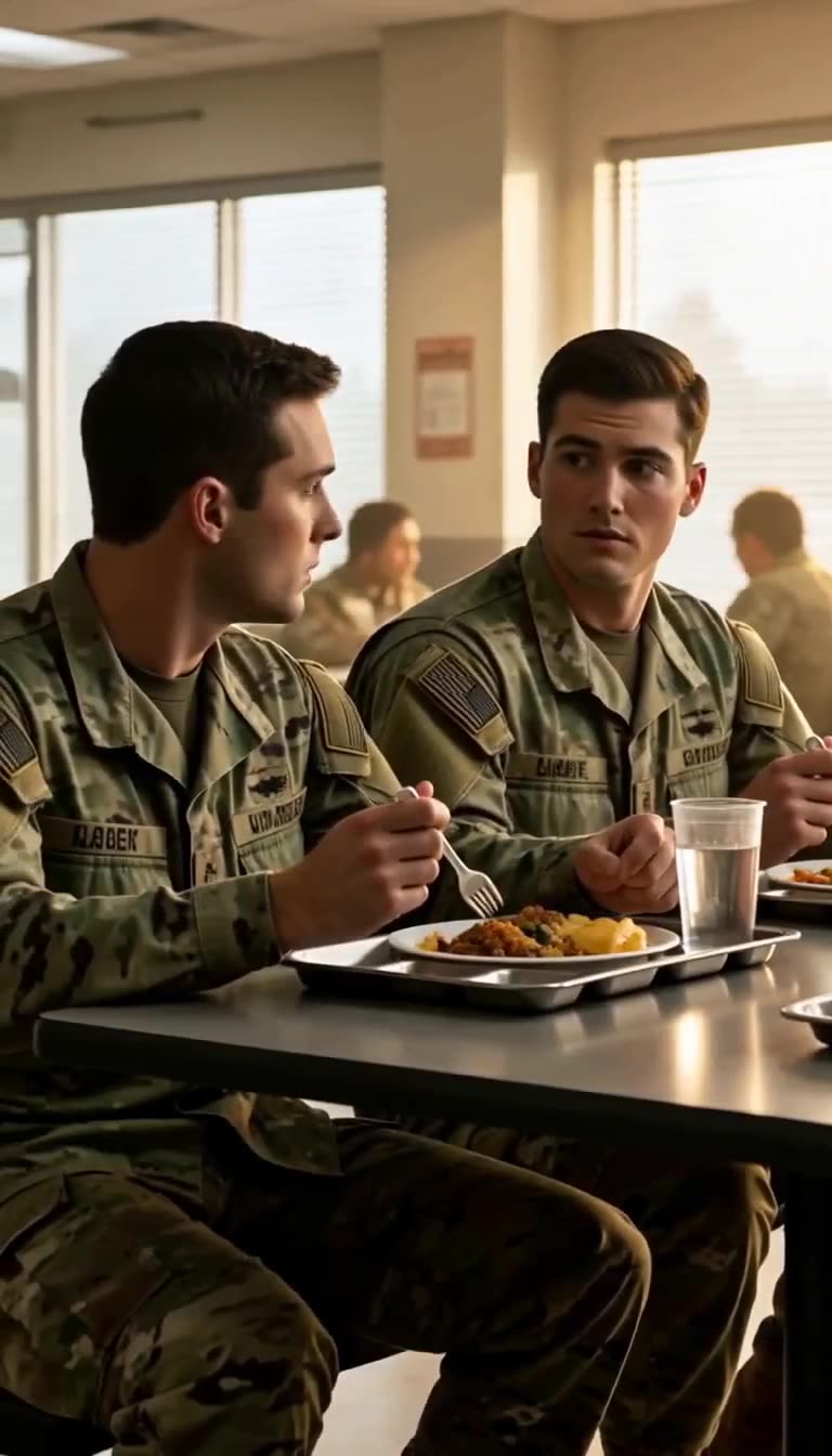 Two young soldiers in camouflage watching tensely over breakfast